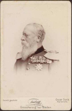 Großherzog Friedrich I. in Uniform mit Auszeichnungen, im Profil nach links, Brustporträt.