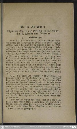 Erster Abschnitt. Allgemeine Begriffe und Erklärungen über Punkt, Linien, Flächen und Körper etc