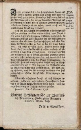 Da seit geraumer Zeit in den Herzogthümern Bremen und Verden sich keine Spuren einer Seuche unter dem dasigen Hornvieh gezeiget haben ... : Hannover, den 26. September 1791. ...