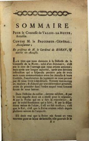 Sommaire pour la Comtesse de Valois-la Motte, Accusée, Contre M. Le Procureur-Général; Accusateur; En présence de M. le Cardinal De Rohan, & autres Co-Accusés