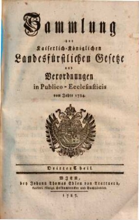 Sammlung der Kaiserlich-Königlichen Landesfürstlichen Gesetze und Verordnungen in Publico-Ecclesiaticis. 3., Vom Jahre 1784