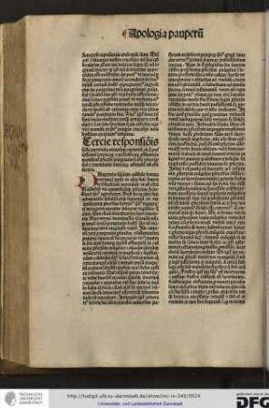 Tertie responsionis prima particula septimumque capitulum, in quo possessionum leviticarum et ecclesiasticarum affluentia monstratur perfectioni paupertatis non esse contraria...