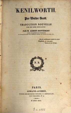 Oeuvres de Walter Scott, 5. Kenilworth. - 1831. - 524 S.