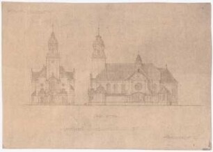 Kirche und Pfarrhaus, Miechowitz: Vorder- und Seitenansicht 1:350