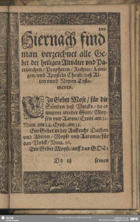 Hiernach find man verzeichnet alle Gebet der heiligen Altväter und Patriarchen, Propheten, Richter, Königen, und Aposteln Christi, deß Alten unnd Newen Testaments