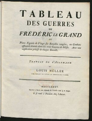 Tableau Des Guerres De Frédéric Le Grand Ou Plans Figurés de Vingt-six Batailles rangées, ou Combats essentiels donnés dans les trois Guerres de Silésie : Avec une explication précise de chaque Bataille