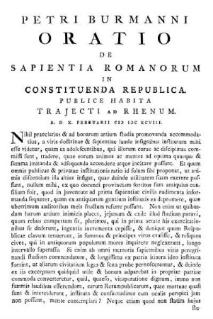 Oratio De Sapientia Romanorum in Constituenda Republica.