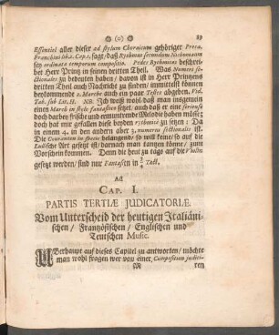 Ad Cap. I. Partis Tertiae Judicatoriae. Vom Unterscheid der heutigen Italiänischen, Frantzösischen, Englischen und Teutschen Music.