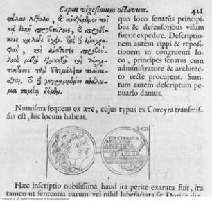 Diarium Italicum: ..., Seite 421: Münze des Aristomenes, aus Corcyra? (nach der Antike)