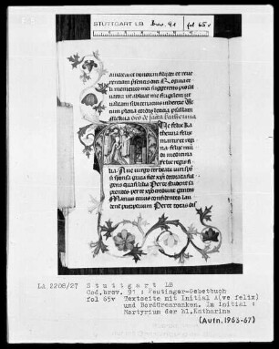 Gebetbuch des Konrad Peutinger — Initiale A (ve felix), darin Martyrium der heiligen Katharina, Folio 65verso