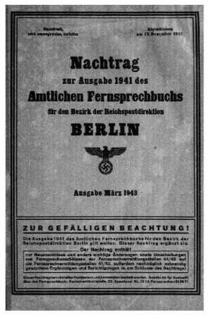 1941, Nachtrag: Amtliches Fernsprechbuch für den Bezirk der Reichspostdirektion Berlin