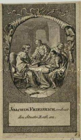 Zwölf kleine Szenen zu den brandenburgischen Kurfürsten: Joachim Friedrich ordnet den Staats-Rath an.
