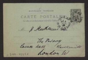 Schreiben an Hermann Muthesius (Postkarte)