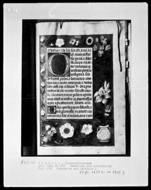 Gebetbuch mit Kalendarium — Initiale O und Vollbordüre, Folio 216recto