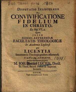 Disputatio Inauguralis De Convivificatione Fidelium In Christo, Ex Hos. VI, 2.