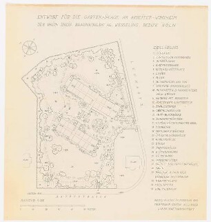Gartenanlage Arbeiterwohnheim, Union Rheinische Braunkohlen Kraftstoff AG, Wesseling: Bepflanzungsplan: Grundriss 1:200