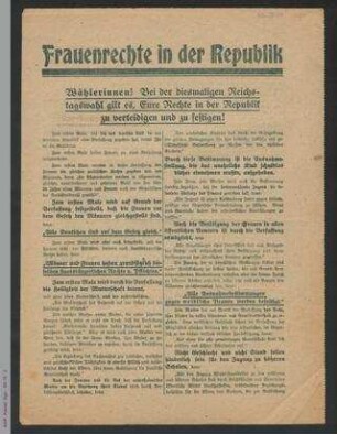 Wahlaufruf der Sozialdemokratischen Partei Deutschlands zur Reichstagswahl 1920: Frauenrechte in der Republik