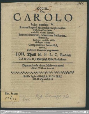 De Carolo huius nominis V Romani imperii monarchae praegloriosissimo