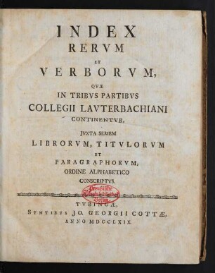 Index: Index Rerum Et Verborum, Quæ In Tribus Partibus Collegii Lauterbachiani Continentur, Iuxta Seriem Librorum, Titulorum Et Paragraphorum, Ordine Alphabetico Conscriptus