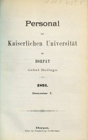 Personal der Kaiserlichen Universität zu Dorpat. 1891, Sem. 1