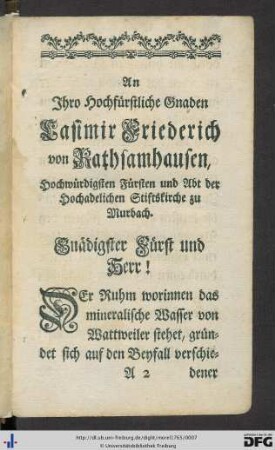An Ihro Hochfürstliche Gnaden Casimir Friedrich von Rathsamhausen ...