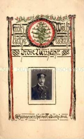 Handgefertigte Weihnachtskarte aus einem japanischen Kriegsgefangenenlager (mit aufgeklebtem Passbild)