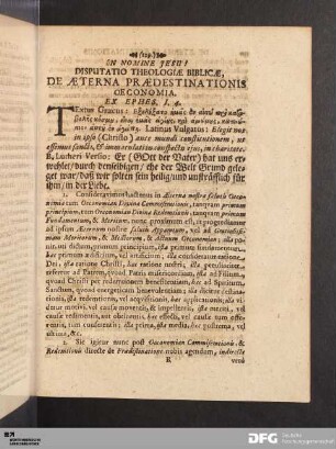 Disputatio Theologiae Biblicae. De Aeterna Praedestinationis Oeconomia.