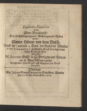 Laudatio Funebris Oder Ehren-Gedächtnüß/ Des ...