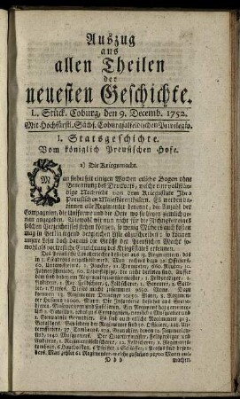 L. Stück. Coburg, den 9. Decemb. 1752.