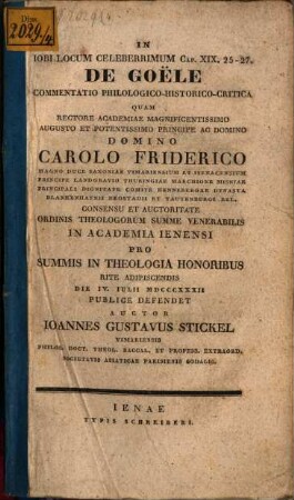 In Iobi locum celeberrimum Cap. XIX 25 - 27, de Goële commentatio philologica-historica-critica