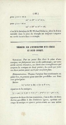Théorème sur l'intersection d'un cercle et d'une conique.