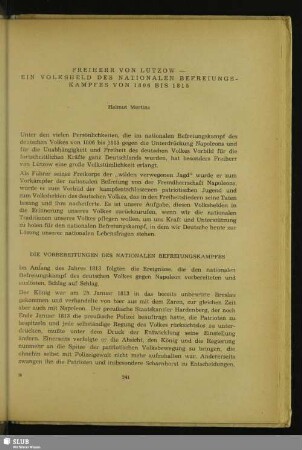 Freiherr Von Lützow – Ein Volksheld Des Nationalen Befreiungskampfes von 1806 Bis 1815
