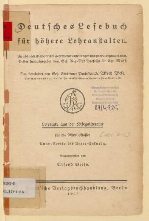 [Abteilung 4 - 6] = Für die Mittel-Klassen, Unter-Tertia bis Unter-Sekunda, [Schülerband]: [[Abteilung 4 - 6] = Für die Mittel-Klassen, Unter-Tertia bis Unter-Sekunda, [Schülerband]] : in acht nach Klassenstufen geordneten Abteilungen und zwei Vorschul-Teilen; Lesestücke aus der Kriegsliteratur