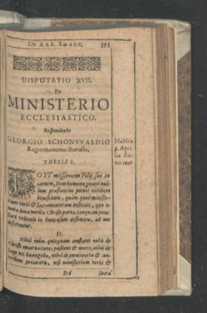 Disputatio XVII. De Ministerio Ecclesiastico. Respondente Georgio Schonwaldio.