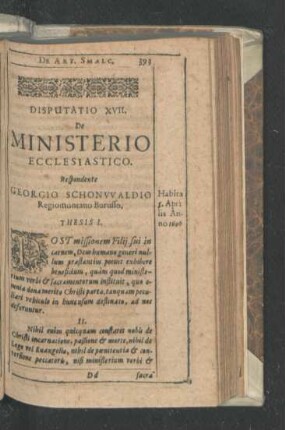 Disputatio XVII. De Ministerio Ecclesiastico. Respondente Georgio Schonwaldio.