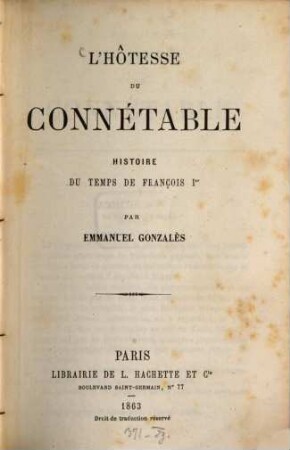 L'hôtesse du Connétable : Histoire du temps de François Iev. Bibliothèque des chemins de fer