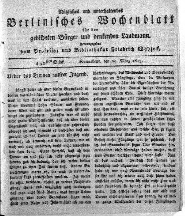 430stes Stueck, Sonnabend, den 29. Maerz 1817