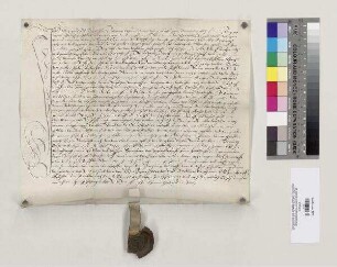 Gilg Gaul von Aiterhofen bekundet für sich und seine Ehefrau Agnes, dass Abt Ambrosius von St. Emmeram ihm Erbrecht auf der Hube des Klosters in Aiterhofen, die der Abt von St. Emmeram mit dem Abt von [Ober]Altaich (Allta) geteilt hat, verliehen hat. Er und seine Erben sollen die Hube persönlich bebauen und davon Herren- und Gattergült sowie rayß, Steuer, Scharwerk, Vogtei und Stiftsleistungen entrichten. S: Sebastian von Seiboldsdorf zu Falkenfels