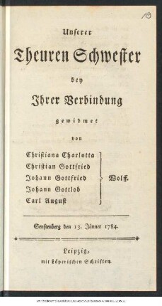 Unserer Theuren Schwester bey Ihrer Verbindung gewidmet