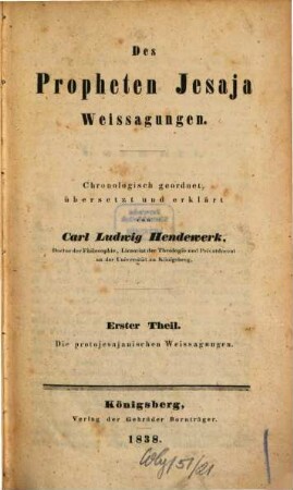 Des Propheten Jesaja Weissagungen. 1 (1838)