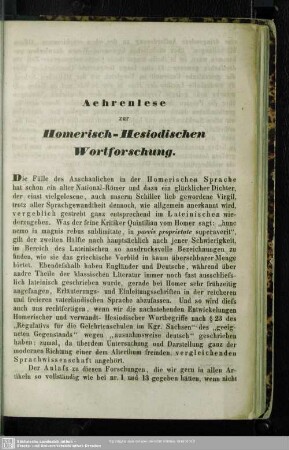 Aehrenlese zur Homerisch-Hesiodischen Wortforschung