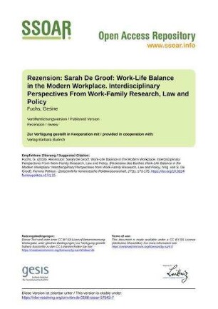 Rezension: Sarah De Groof: Work-Life Balance in the Modern Workplace. Interdisciplinary Perspectives From Work-Family Research, Law and Policy