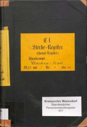 Sterberegister des Standesamtes Beckum-Stadt von 1934 (Urkunden-Nr. 1-113)