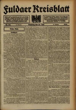 Erste Ausgabe vom Samstag, den 20. Juni 1914.