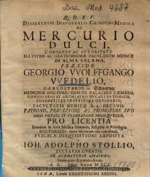 Dissertatio Inavgvralis Chimico-Medica De Mercurio Dulci