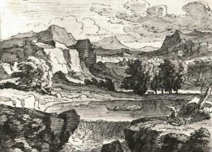 Heroische Landschaft : Heroische Landschaft. Federzeichnung, Tusche (vor 1847; J. C. Reinhart). München: Pinakothek