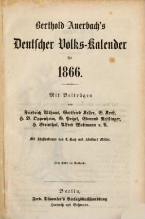 Berthold Auerbach's deutscher Volkskalender : auf d. Jahr ..., 1866
