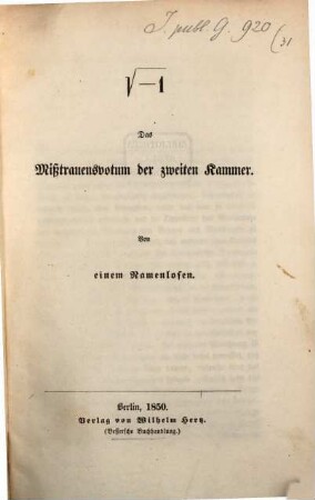 Das Mißtrauensvotum der zweiten (preußischen) Kammer : Von einem Namenlosen