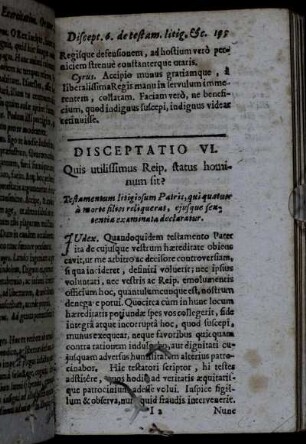 Disceptatio VI. Quis utilissimus Reip. status hominum sit?