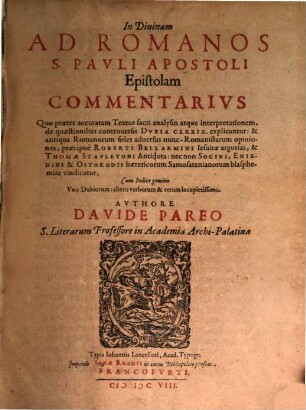 In divinam ad Romanos S. Pauli ap. Epistolam Commentarius
